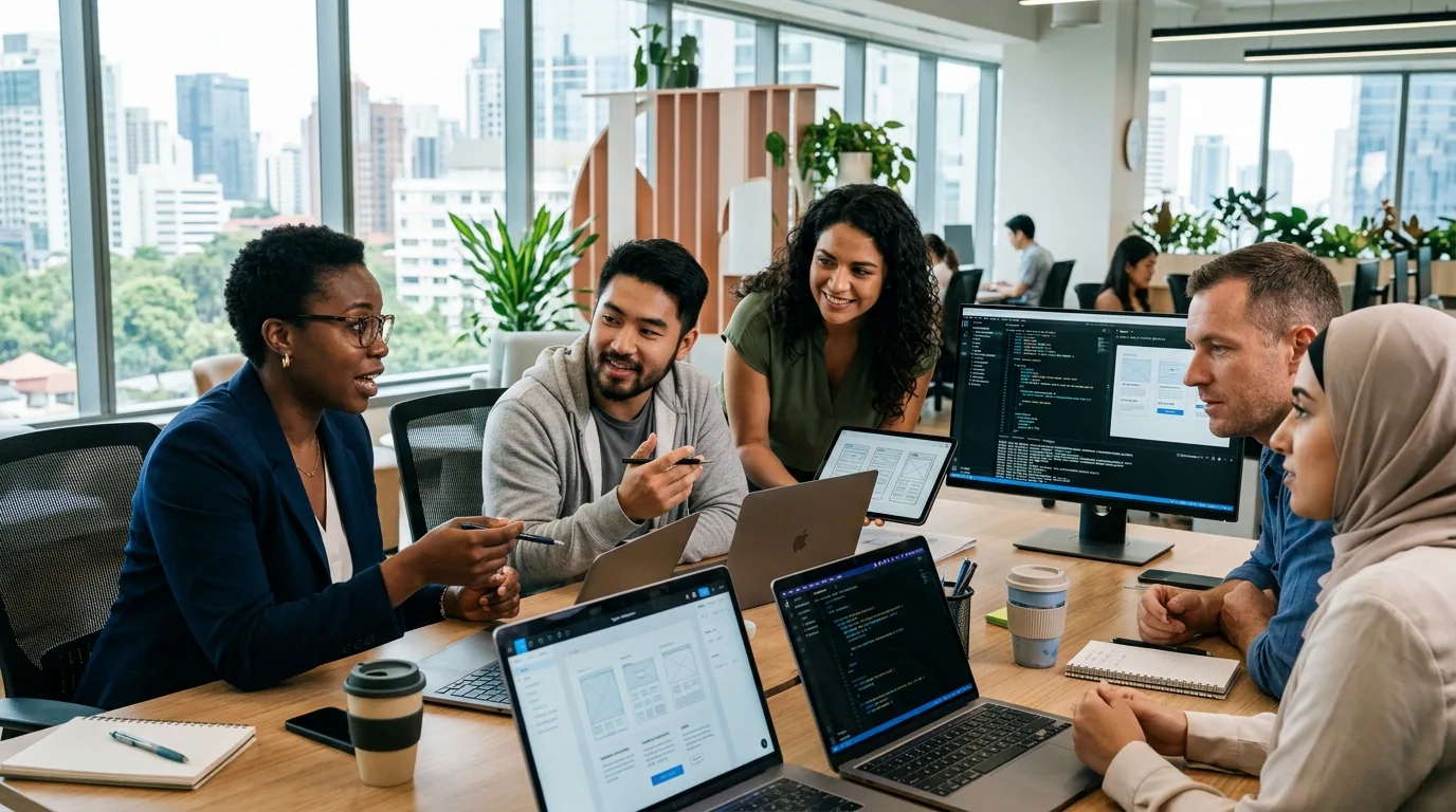 Colaboración Profesional en Diseño Web en México Equipo de profesionales de Clientes con Web colaborando en un proyecto de diseño y desarrollo web para México, discutiendo los factores que influyen en el costo.