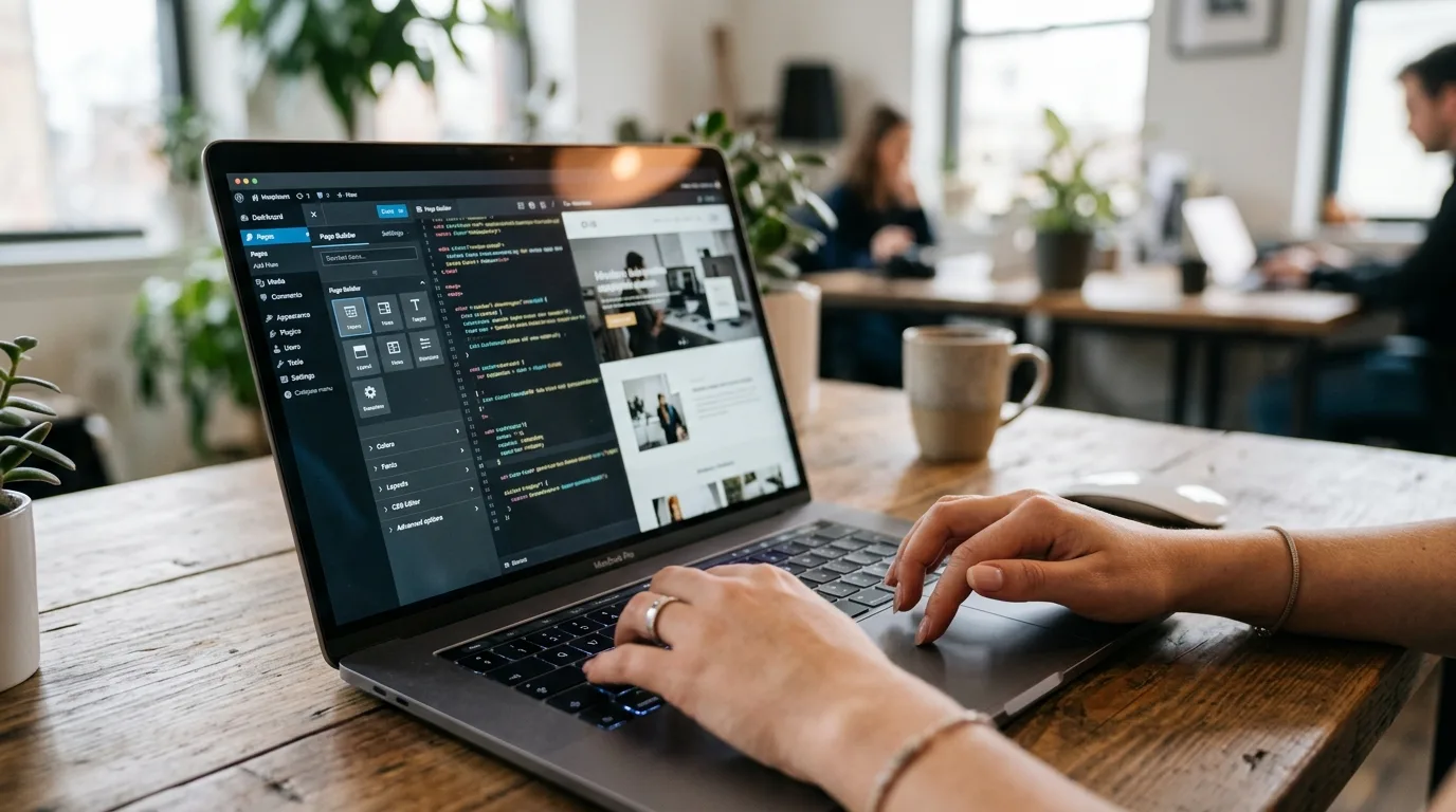 Explorando Plataformas de Desarrollo Web Manos trabajando en una computadora portátil, mostrando un constructor de sitios web o CMS, simbolizando la facilidad y las opciones para crear una página web en México.