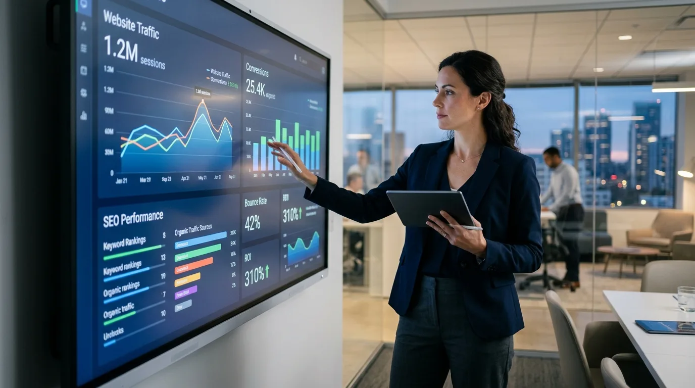 Análisis de Rendimiento y Estrategia Digital Profesional revisando métricas de rendimiento y SEO en una pantalla digital, enfatizando la importancia de una inversión web estratégica y de la optimización continua de una página web en México.