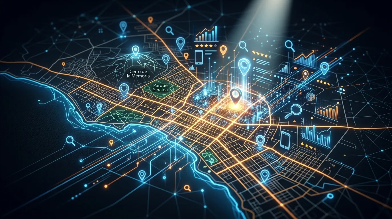 Visualización de la estrategia de SEO local para negocios en Los Mochis. Mapa digital de Los Mochis con elementos de SEO local y búsqueda.