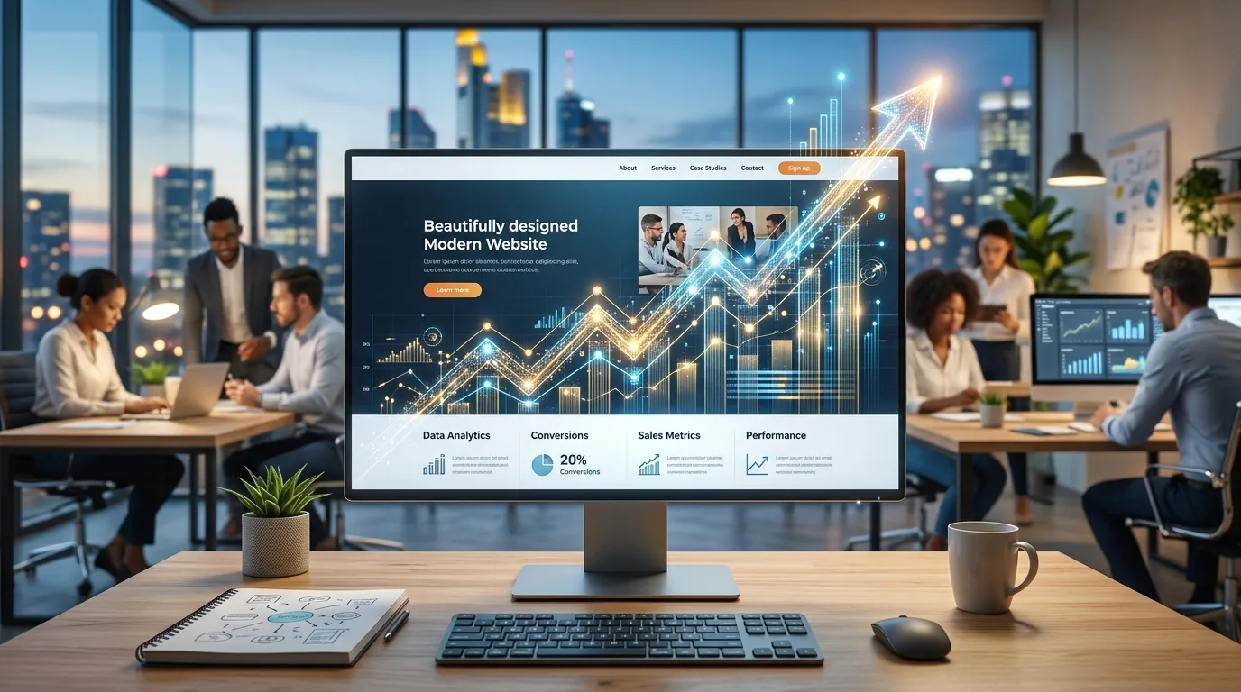 El impacto del diseño web profesional en el retorno de inversión. Gráfica de crecimiento y ROI sobre una interfaz de página web profesional.