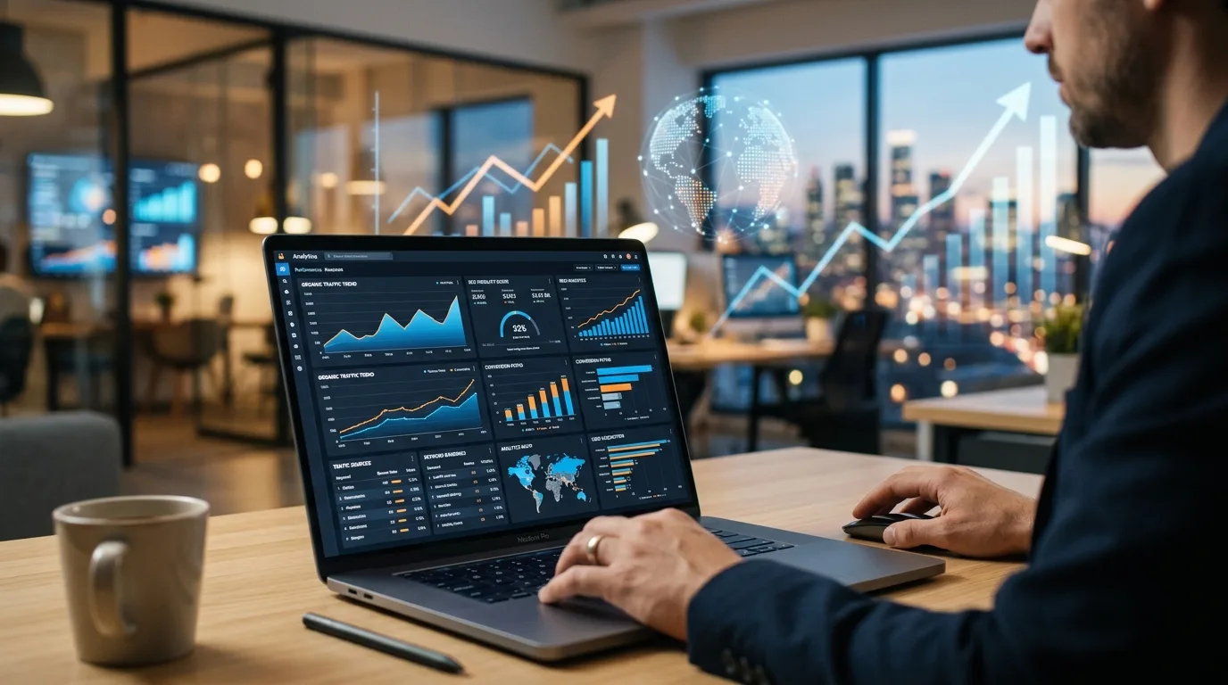 Midiendo el Éxito: Análisis y Optimización SEO para tu Web Gráficos de análisis de datos y métricas SEO que representan la optimización y el rendimiento de una página web profesional.