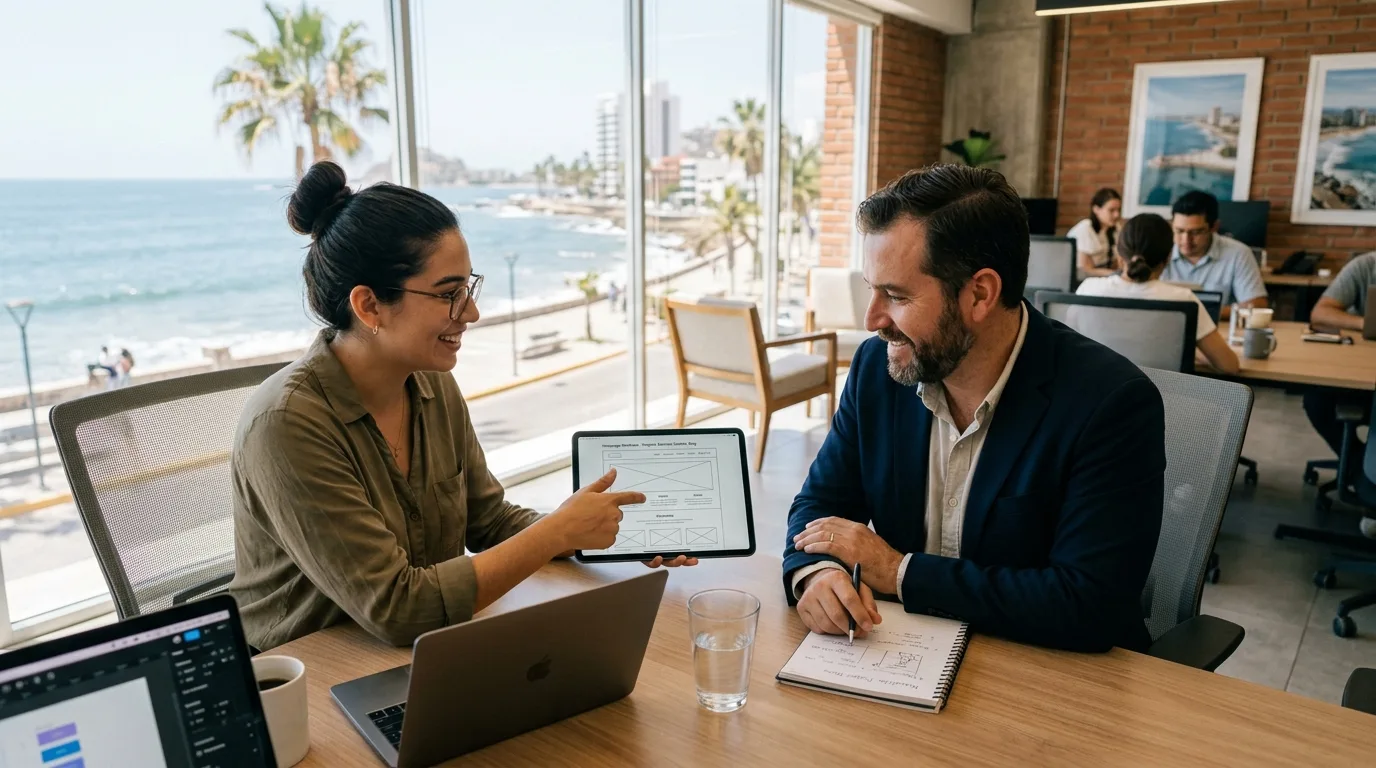 El Impacto de un Buen Diseño Web para Negocios en Mazatlán Un empresario con una gran sonrisa observando el diseño de su nueva página web en una tablet, claramente satisfecho con el resultado.