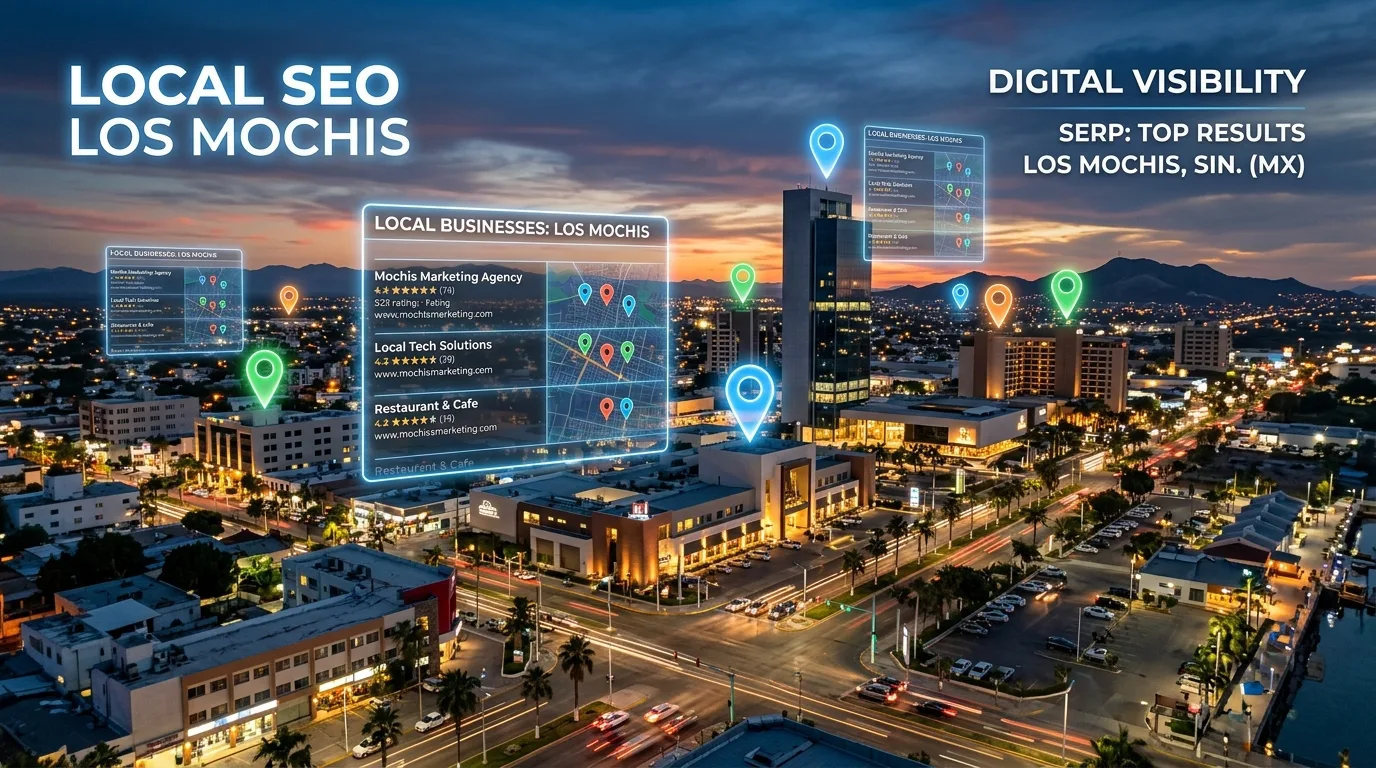 SEO Local y Diseño Web en Los Mochis Paisaje urbano de Los Mochis con elementos visuales de SEO local, resaltando la visibilidad de negocios en línea.