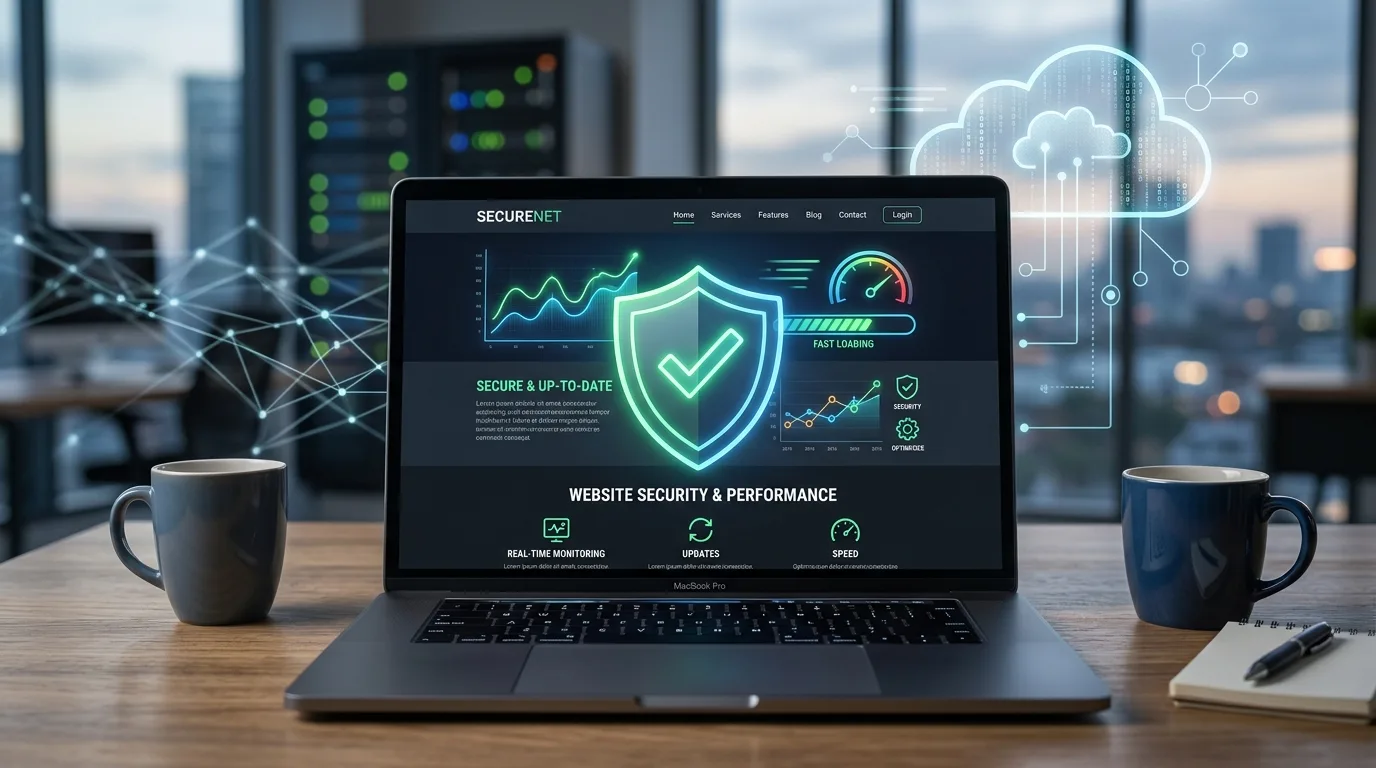 Importancia del mantenimiento y seguridad para tu sitio web en Los Mochis Mantenimiento y seguridad de una página web profesional, con iconos de actualizaciones, copias de seguridad y un candado de seguridad, sobre un fondo digital.