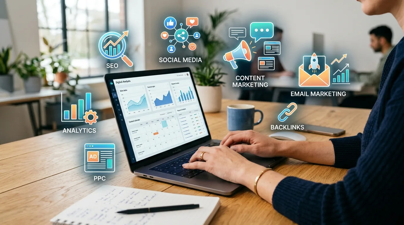 Estrategias de marketing digital para complementar tu diseño web en Los Mochis Servicios de marketing digital complementarios al diseño web, incluyendo SEO, redes sociales y análisis de datos, esenciales para el éxito en línea de un negocio en Los Mochis.