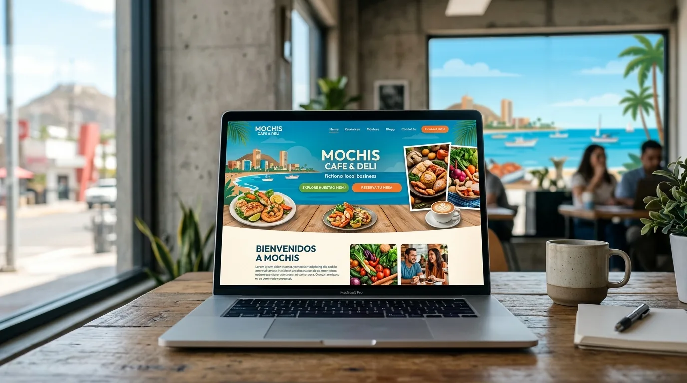 Una pantalla de ordenador portátil mostrando una landing page moderna y limpia, con un titular llamativo, una imagen relevante y un botón de llamada a la acción destacado.