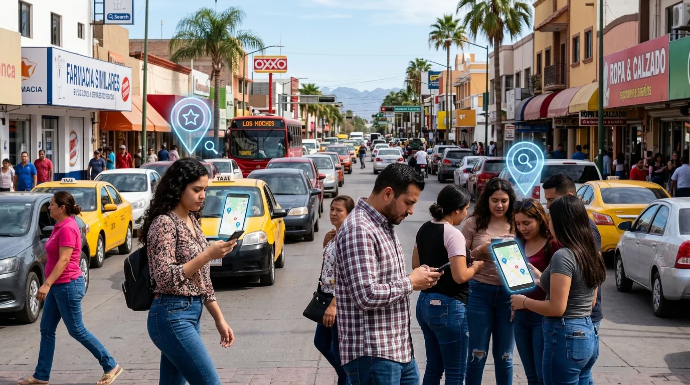 Conectando Negocios con Clientes en Los Mochis Personas en Los Mochis usando sus teléfonos móviles, ilustrando la importancia del SEO local y la conexión digital en la ciudad.