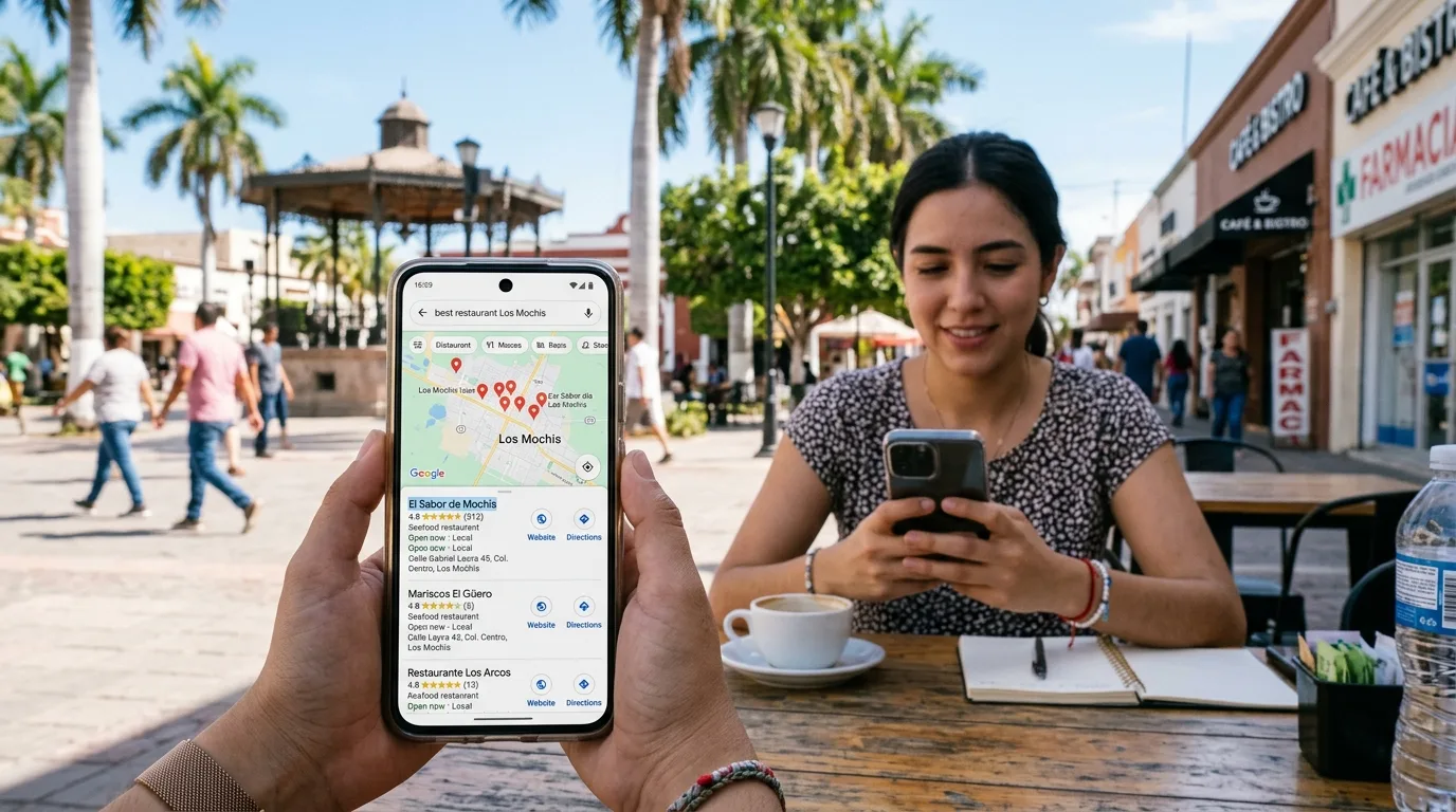Maximiza tu Visibilidad con SEO Local en Los Mochis Smartphone mostrando resultados de búsqueda local en Google Maps para Los Mochis, enfatizando el SEO local.