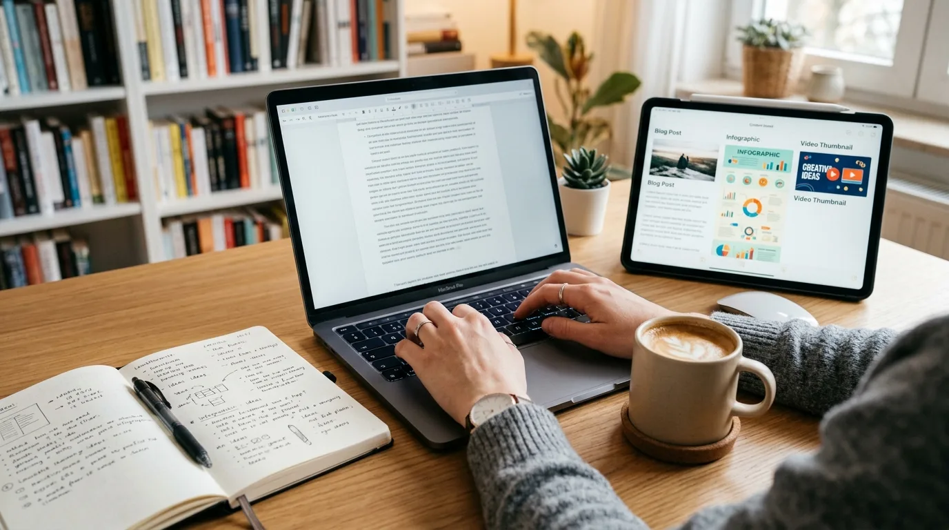 Desarrollo de Contenido de Valor y Estrategia Persona escribiendo contenido estratégico en un ordenador, rodeada de elementos de marketing digital y creación de contenido.