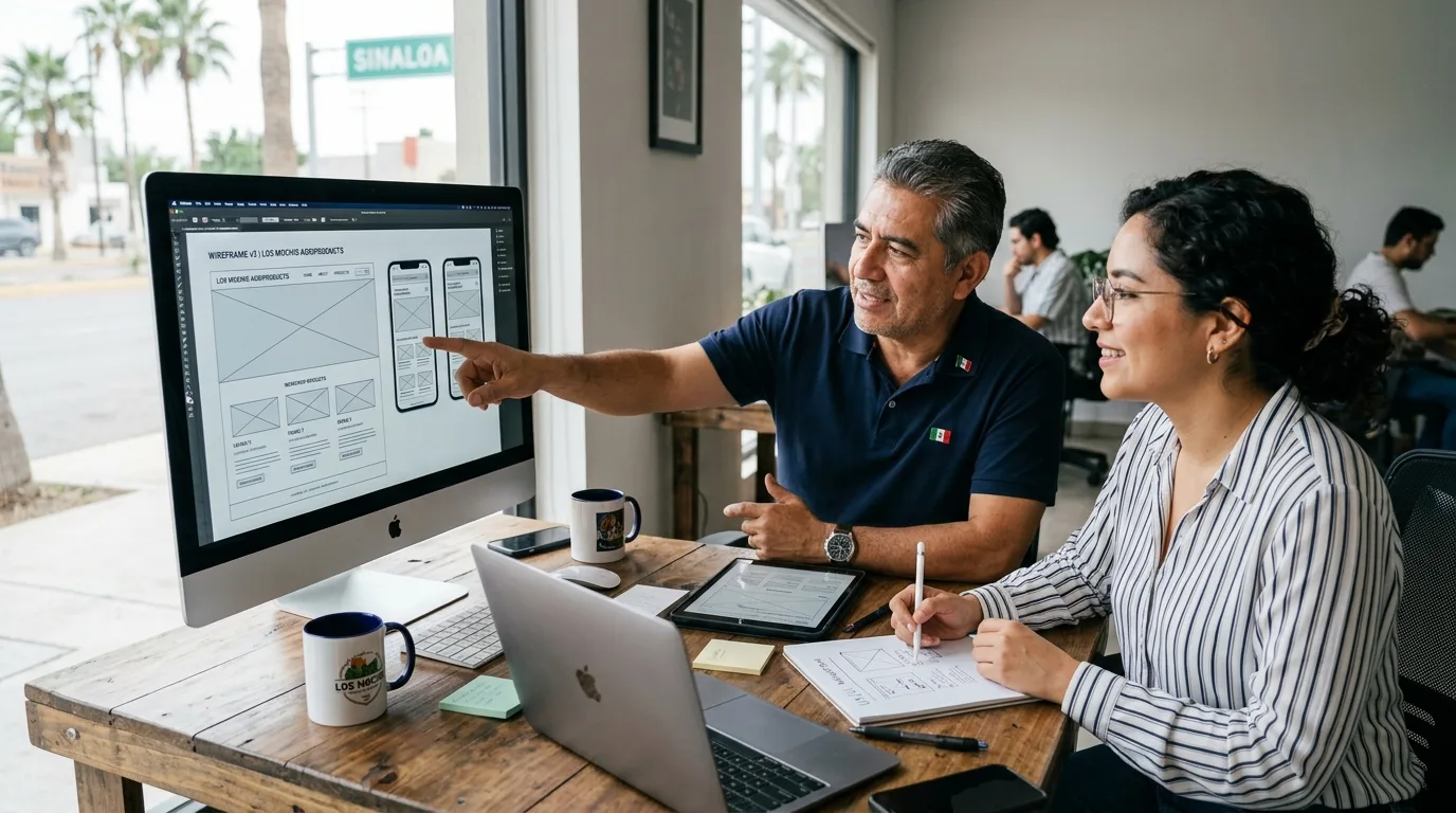 El Proceso Colaborativo del Diseño Web en Los Mochis Colaboración entre un cliente y un diseñador web discutiendo el proceso de diseño de páginas web en Los Mochis.