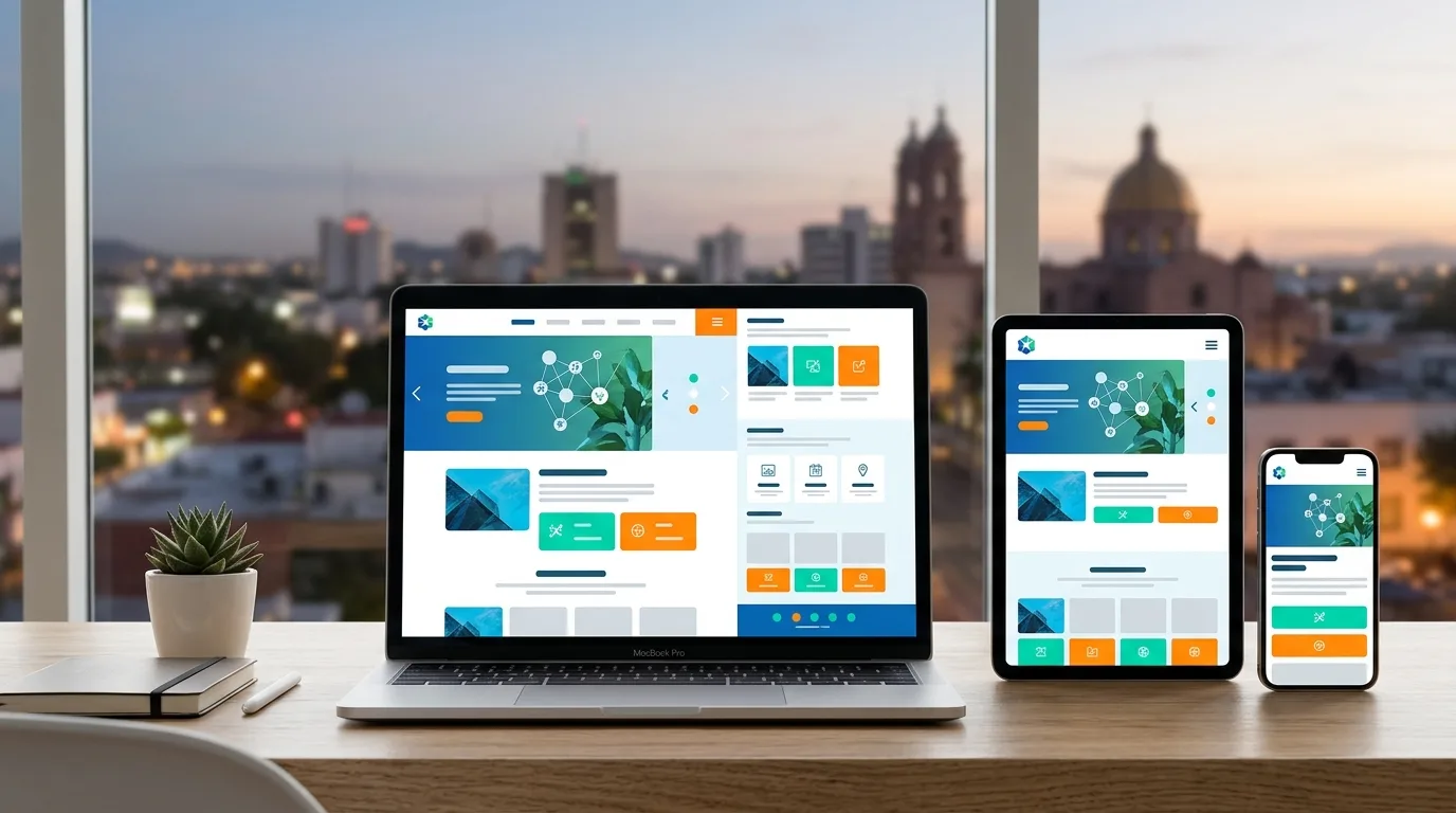 Diseño Web Culiacán: Experiencia de Usuario Multi-dispositivo Diseño web responsivo mostrando un sitio web profesional adaptado a diferentes dispositivos, con el horizonte de Culiacán de fondo.