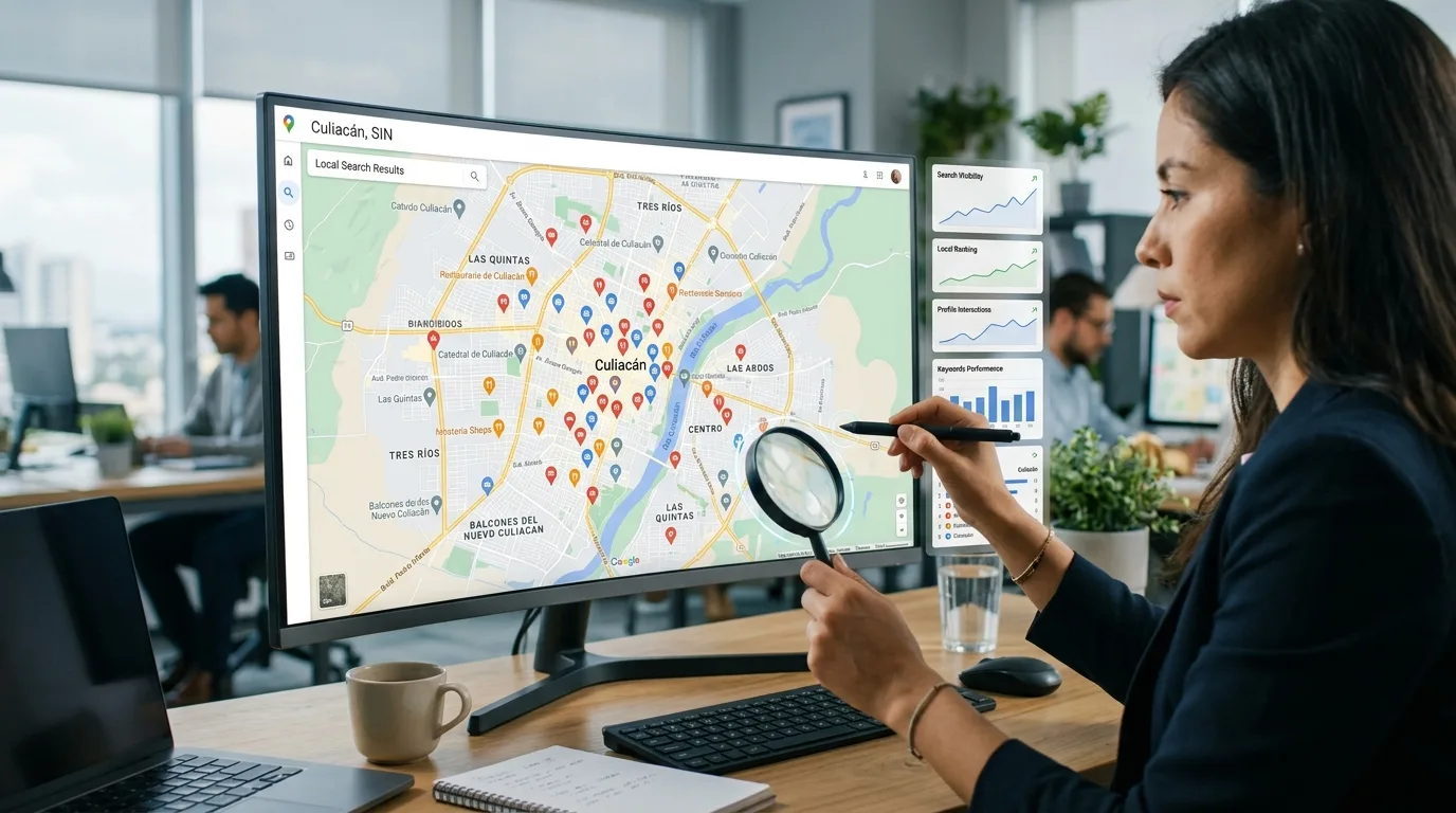 SEO Local en Culiacán: Visibilidad Geográfica para su Negocio Estrategia de SEO local en acción, con un mapa de Culiacán en una pantalla digital y elementos gráficos de análisis de datos.