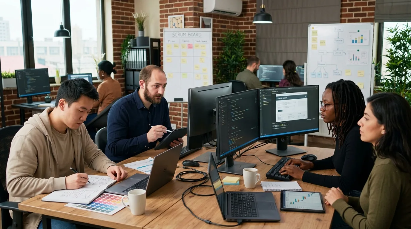 Profesionales en Diseño Web Culiacán: Experiencia y Colaboración Equipo de desarrolladores profesionales trabajando colaborativamente en un proyecto de diseño web, utilizando diversas herramientas digitales.