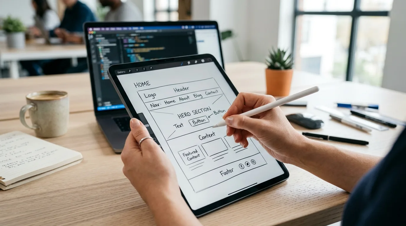 Planificación Estratégica del Diseño Web Manos de un diseñador web planificando la estructura y el diseño de un proyecto de diseño web en Los Mochis en una tablet.