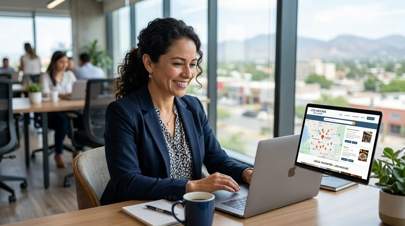 Estrategia de Diseño Web en Los Mochis para Visibilidad Local Empresario de Los Mochis satisfecho revisando su sitio web optimizado para búsqueda local.