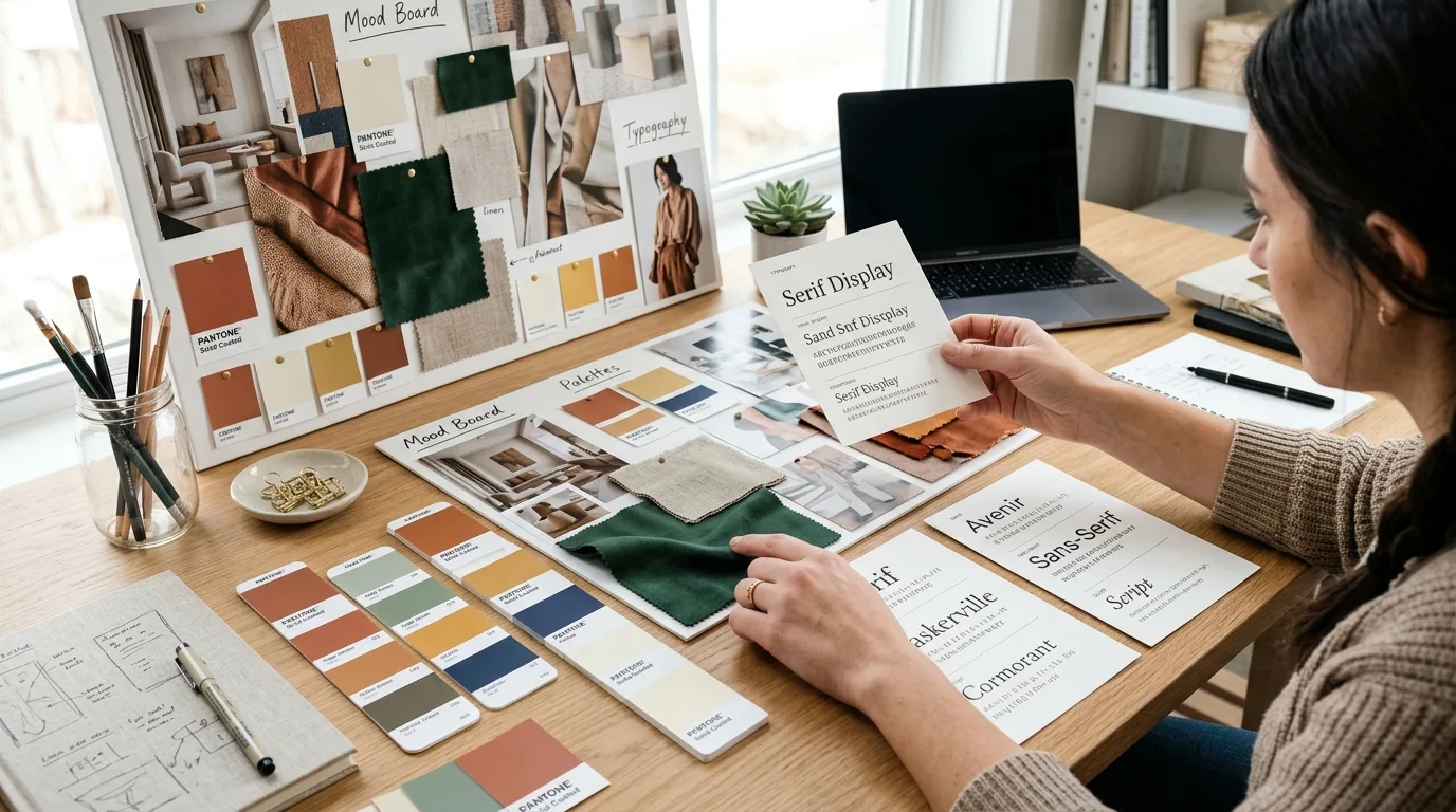 La Psicología del Color y Tipografía en el Diseño Web Profesional Diseñador gráfico seleccionando paletas de colores y tipografías para un proyecto de diseño web.