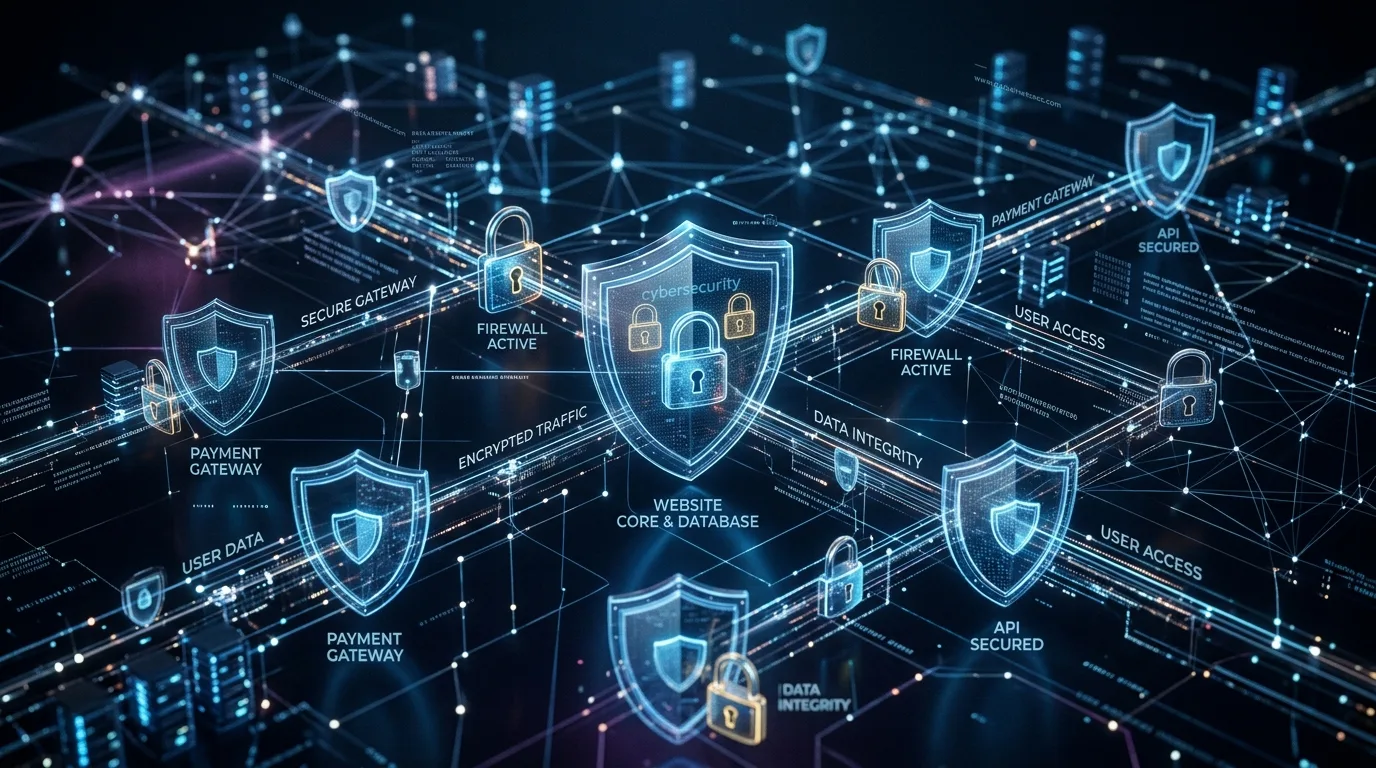 Seguridad y Mantenimiento Constante para tu Web Representación visual de la seguridad y el mantenimiento web, con un escudo digital protegiendo datos en una red, esencial para el diseño web en Los Mochis.
