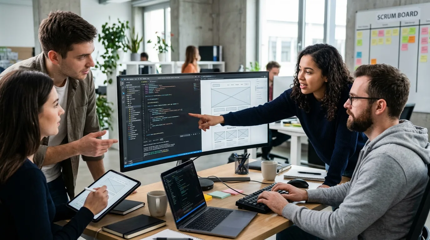 El Proceso Estratégico de Desarrollo de Diseño Web Equipo de desarrollo web colaborando en la creación de un nuevo sitio web con código y wireframes en pantalla.