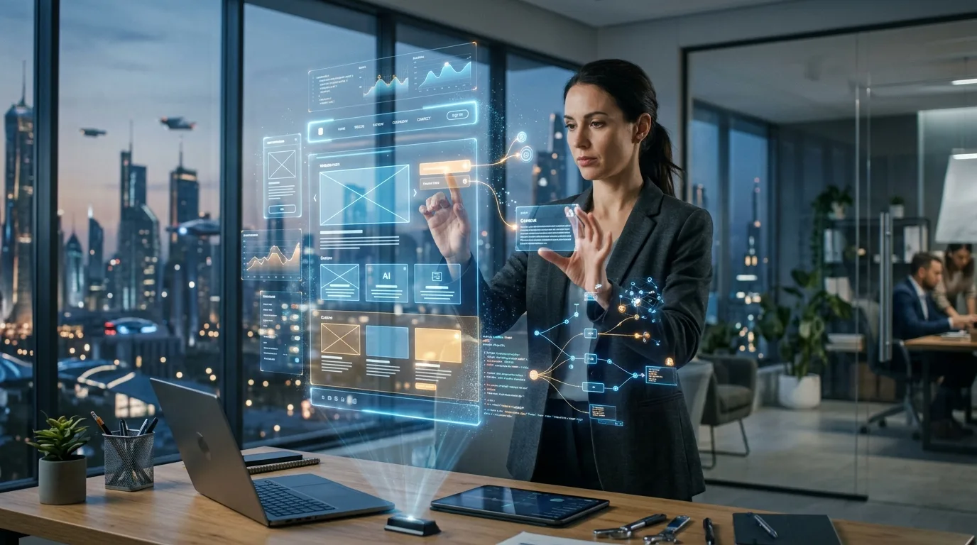 El Futuro Innovador del Diseño Web y la Tecnología Digital Representación futurista de diseño web con interfaces holográficas y elementos de inteligencia artificial.