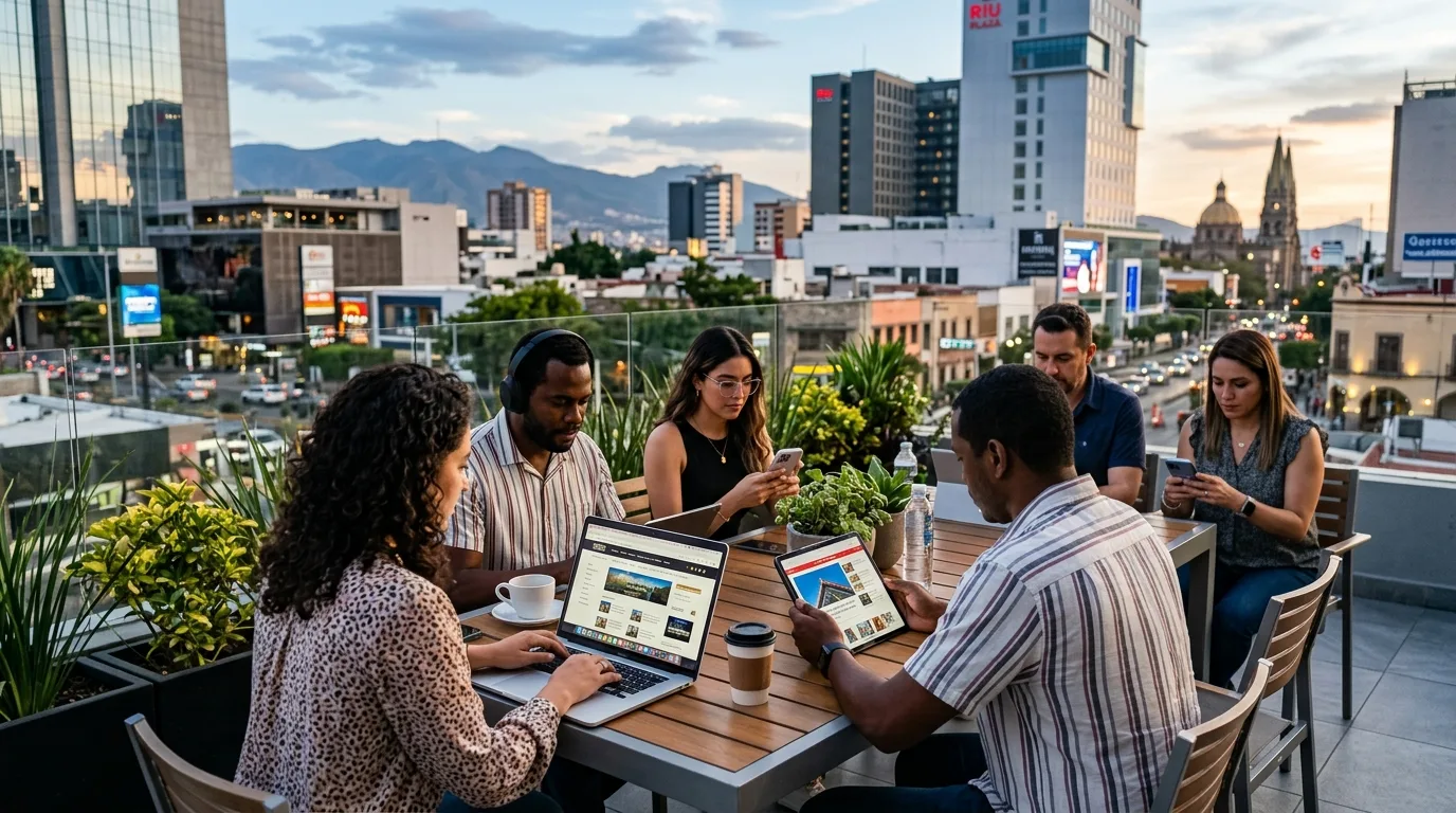 Personas utilizando dispositivos móviles y computadoras para navegar por un sitio web con un diseño responsivo en Los Mochis.