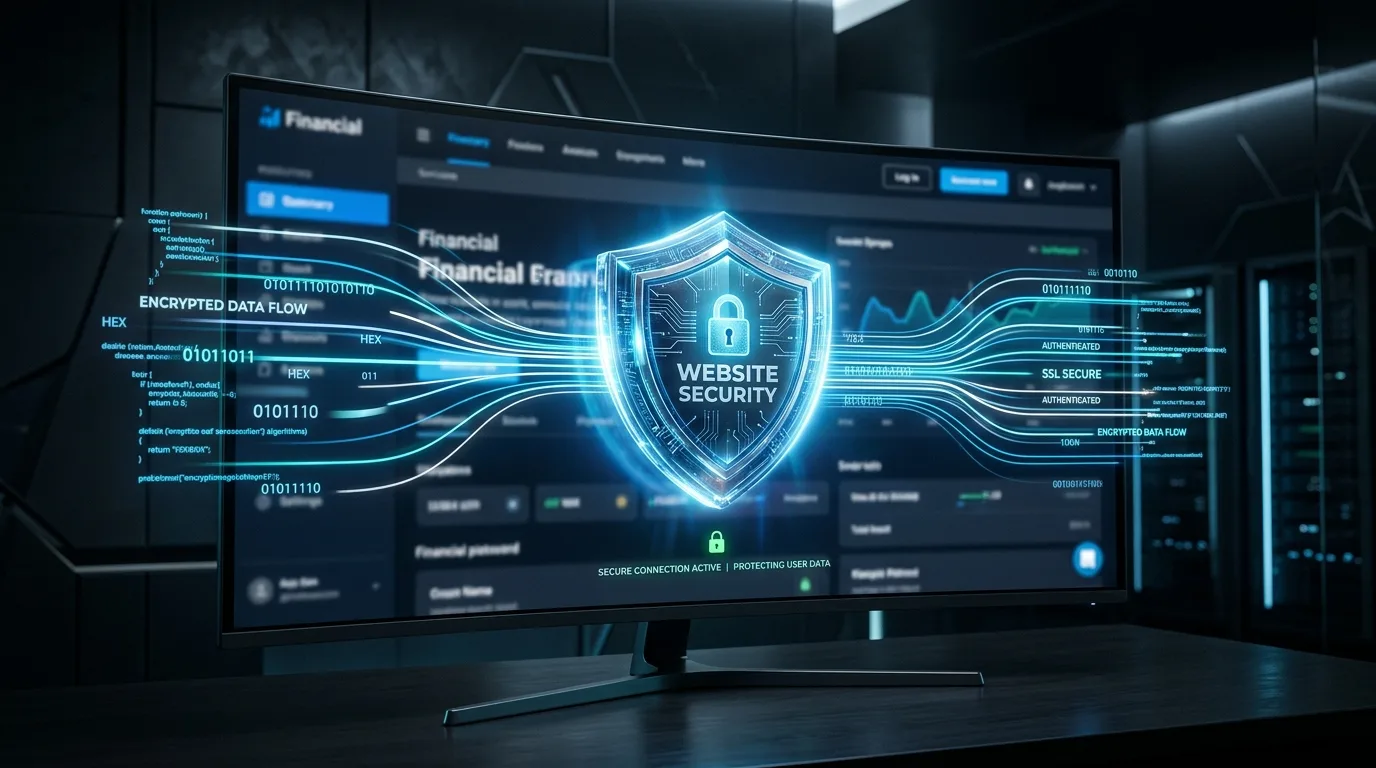 Protección y Seguridad en el Diseño Web Icono de escudo protector sobre una pantalla que muestra un sitio web, simbolizando la seguridad en el diseño web.