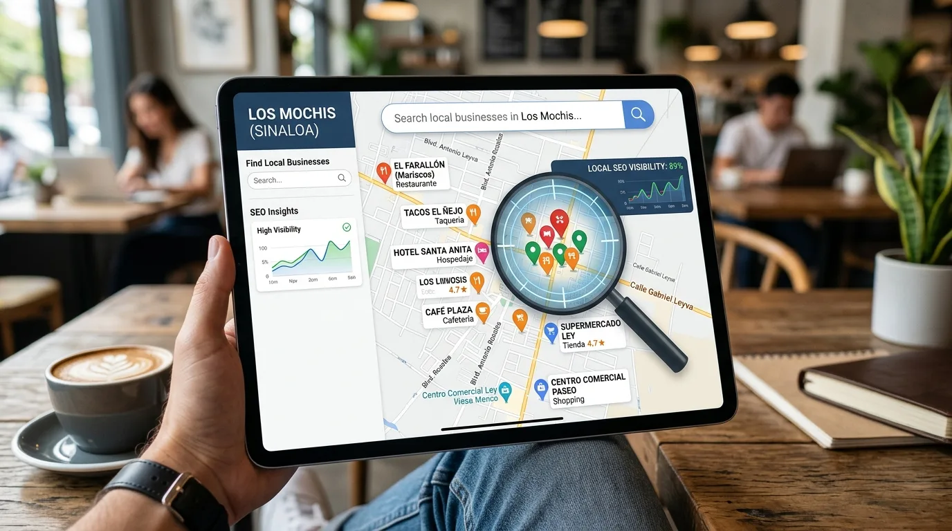 SEO local en Los Mochis: Estrategias clave para aumentar la visibilidad de tu negocio online. Mapa digital de Los Mochis con marcadores de negocios, ilustrando la importancia del SEO local para el diseño web Los Mochis.