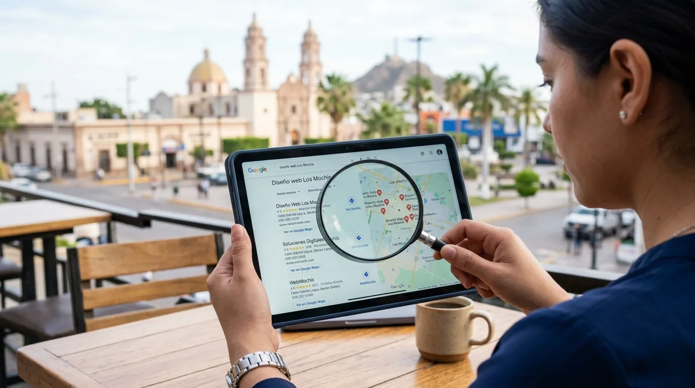 Impacto del SEO Local en Los Mochis Mano examinando resultados de búsqueda local en Google Maps y listados para diseño web Los Mochis en una tablet.