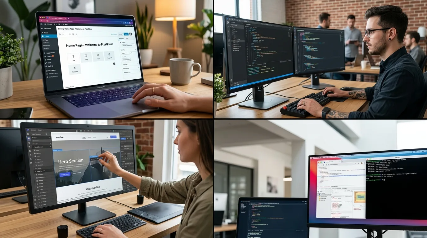 Plataformas y tecnologías en diseño web: Elegir la herramienta adecuada para tu proyecto en Los Mochis. Representación de diversas plataformas de diseño y desarrollo web como WordPress y codificación personalizada para proyectos en Los Mochis.