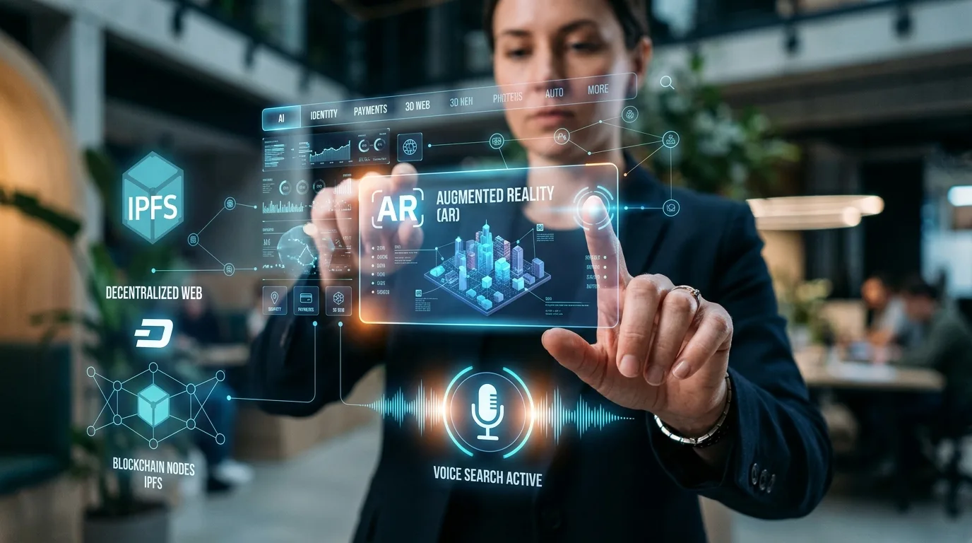 Tendencias Futuras en Diseño Web y Tecnología Futuro del diseño web con elementos de realidad aumentada, búsqueda por voz e interacción holográfica.