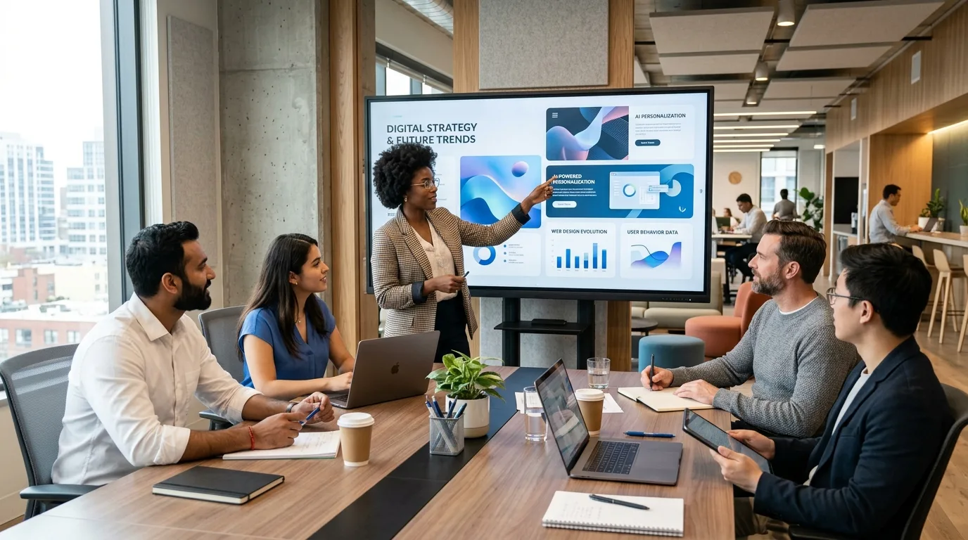 Tendencias Futuras en Diseño Web y Estrategia Digital Equipo de profesionales colaborando y discutiendo el futuro del diseño web y las tendencias digitales.