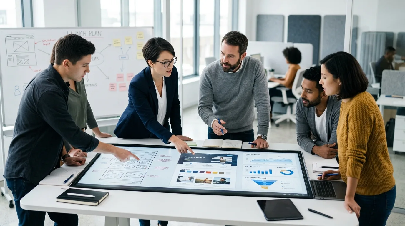 El proceso de diseño web: Desde la conceptualización hasta el lanzamiento y mantenimiento en Los Mochis. Equipo de diseñadores y desarrolladores web colaborando en el proceso de creación de un sitio web exitoso en Los Mochis.