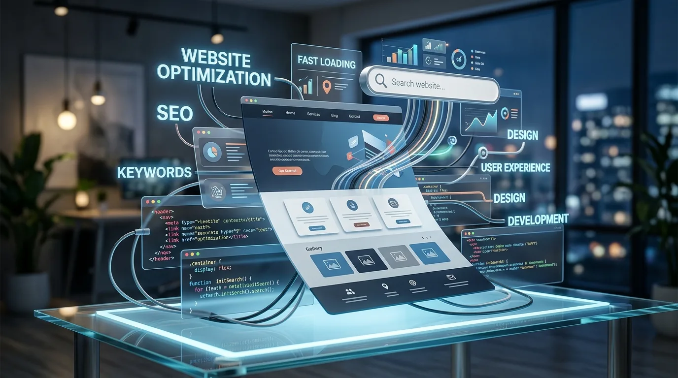 Proyectos de Diseño Web con Enfoque en Posicionamiento SEO Un collage de elementos clave de diseño web y SEO, incluyendo código, diseño UI/UX y resultados de búsqueda, representando un proyecto web optimizado.