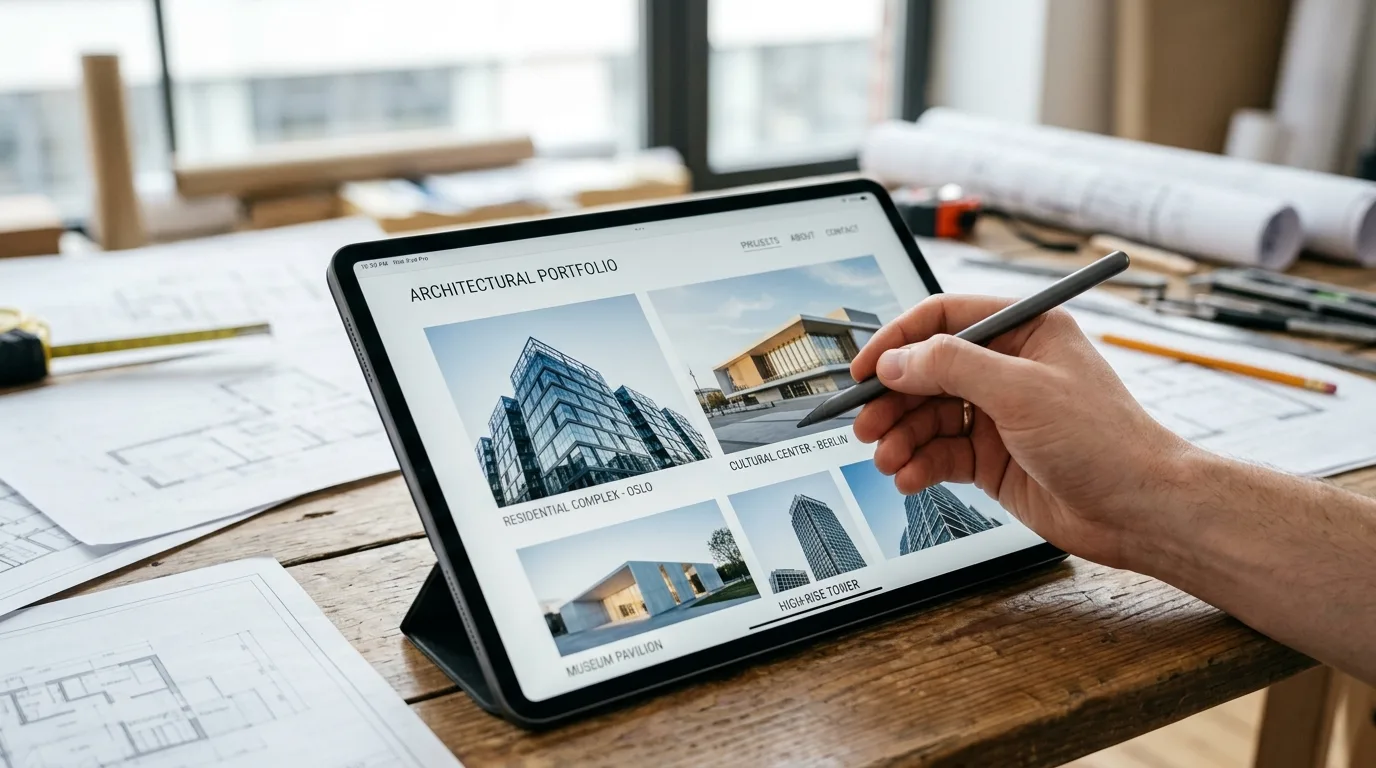 Portafolio digital de arquitecto - Experiencia de usuario en web Mano de arquitecto navegando portafolio de proyectos en un sitio web optimizado para dispositivos móviles.
