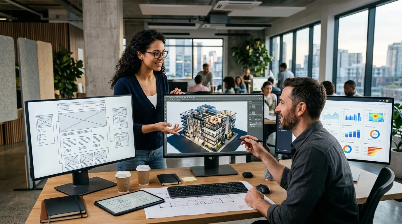 Colaboración profesional en diseño web para arquitectos Equipo de diseño web y arquitectos colaborando en la creación de un sitio web para un estudio de arquitectura.