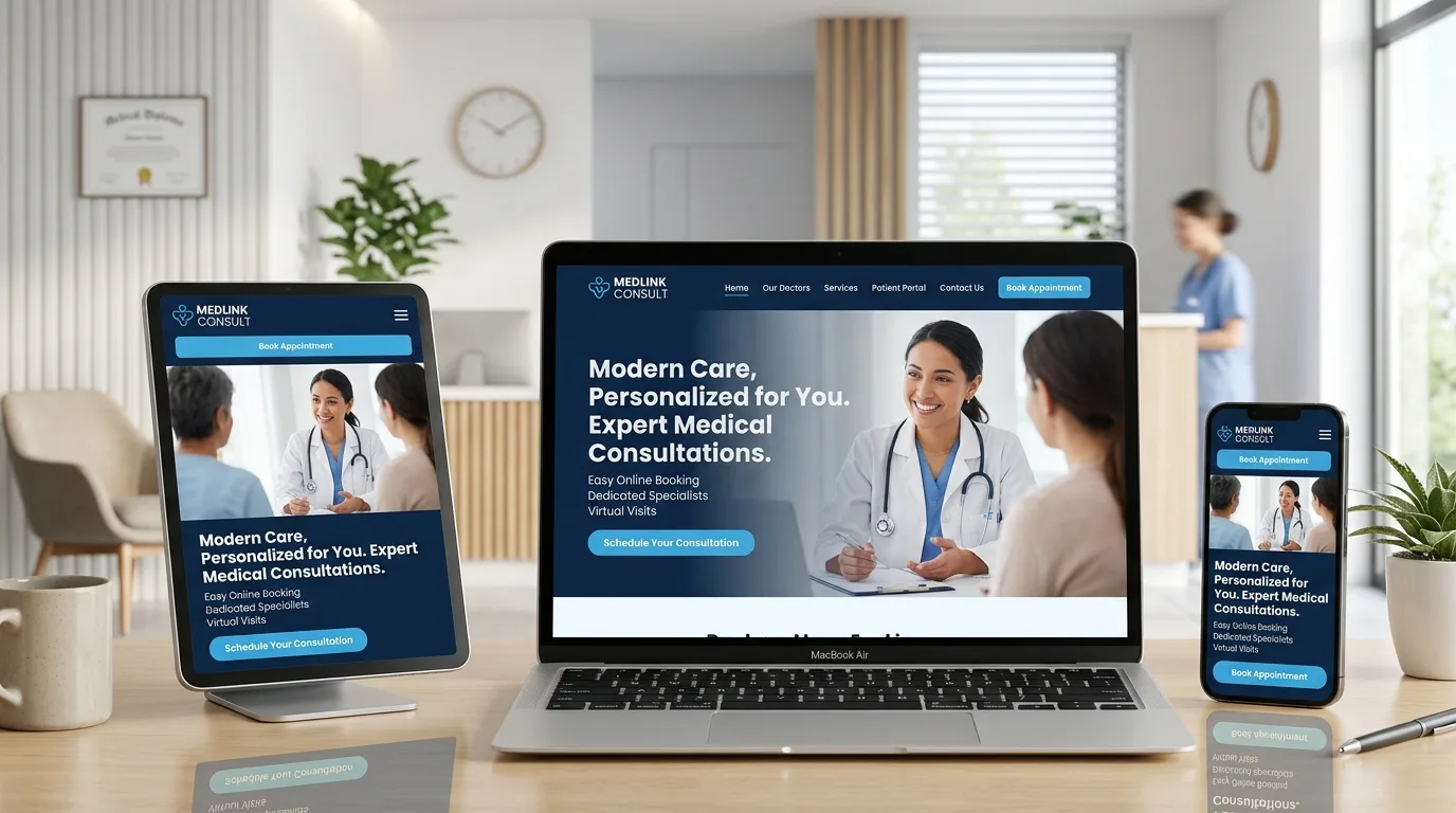 Diseño web adaptable para consultorios en México. Múltiples dispositivos mostrando un diseño web responsivo para un consultorio médico.