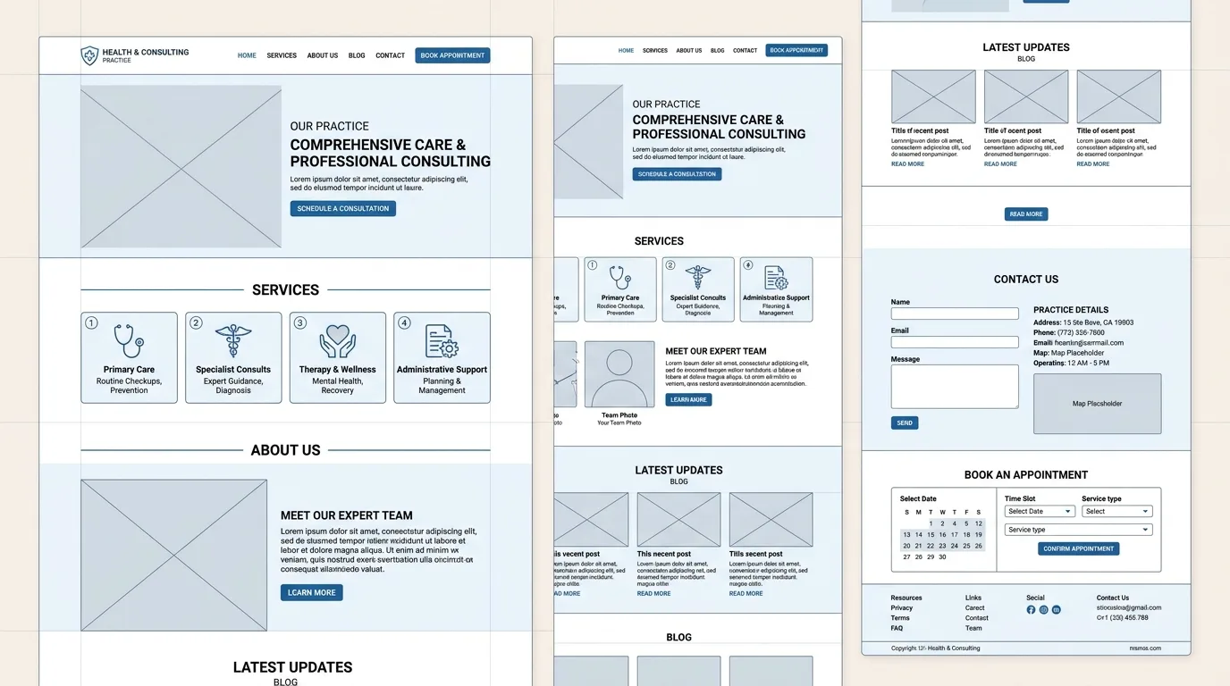 Planificación y estructura de una página web para clínicas. Diagrama de la estructura de un sitio web profesional para consultorios.
