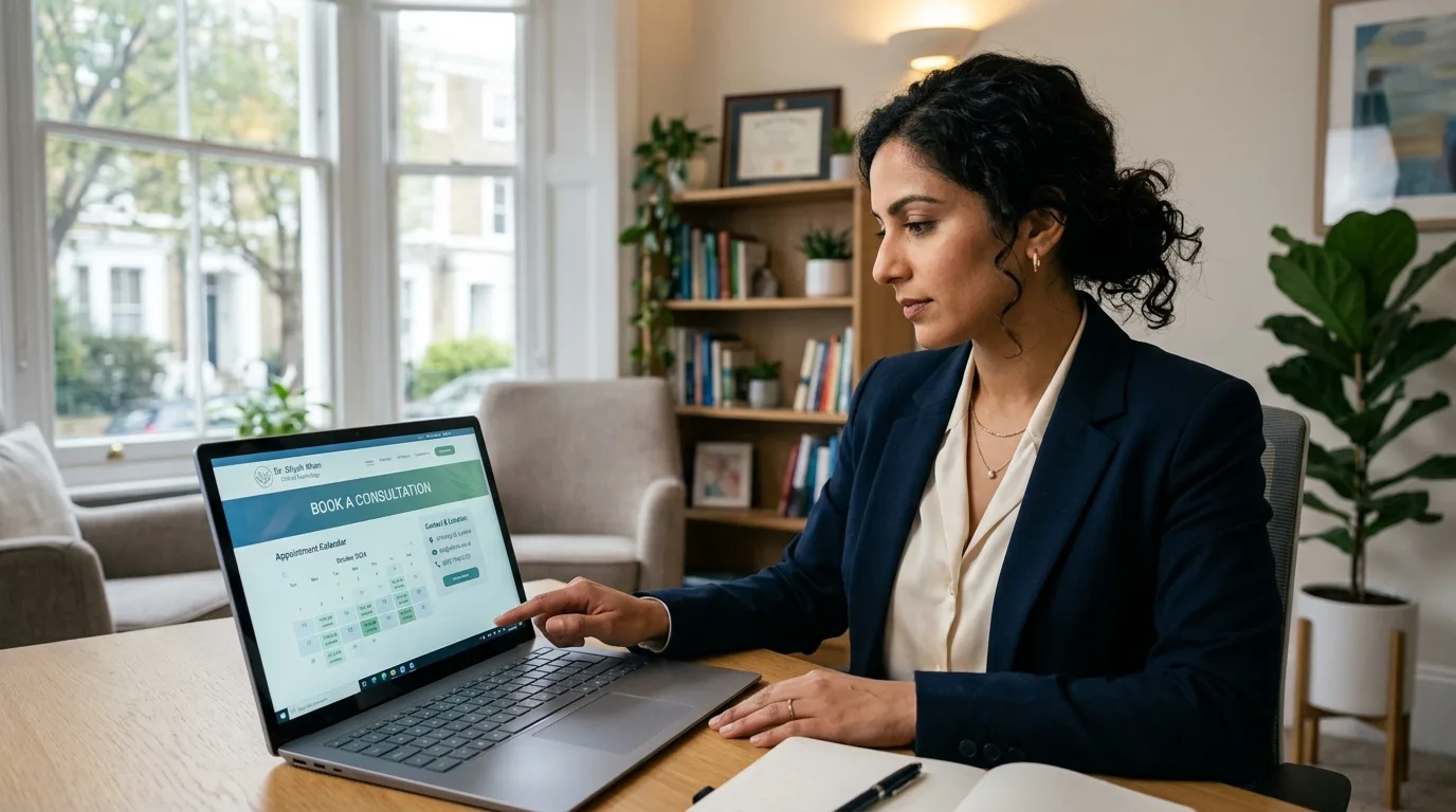 Experiencia digital y eficiencia para consultorios. Profesional de la salud revisando un sitio web diseñado para consultorios en una tablet.