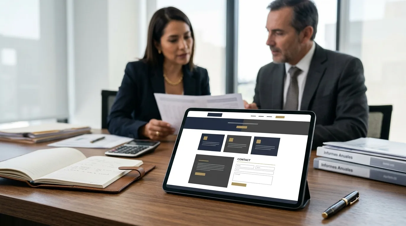 Presentación de Servicios Contables Online Pantalla de tablet mostrando un sitio web con servicios contables organizados