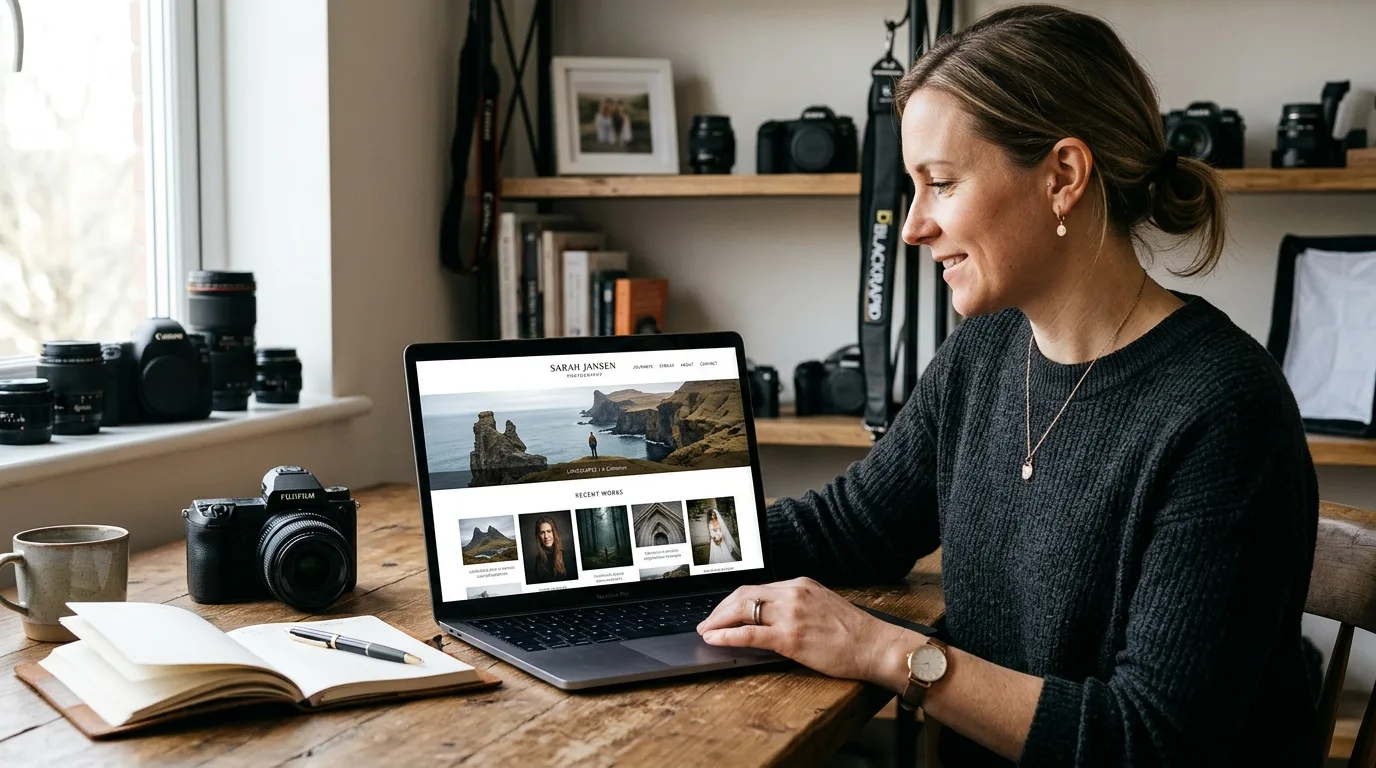 Diseño web para fotógrafos: Tu portafolio en línea Fotógrafo profesional diseñando su sitio web con Clientes con Web
