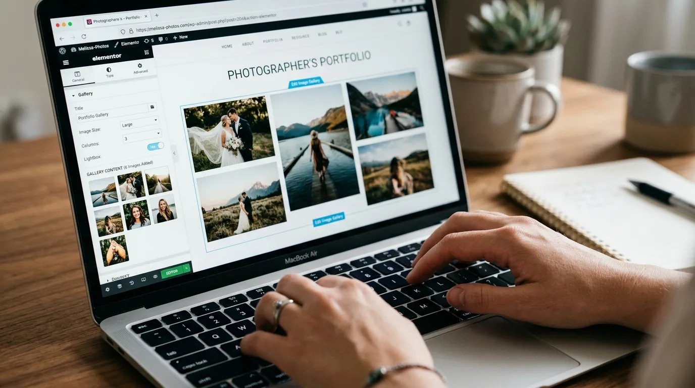 Expertos en WordPress y Elementor para tu web de fotografía Desarrollador web trabajando en WordPress y Elementor para un fotógrafo