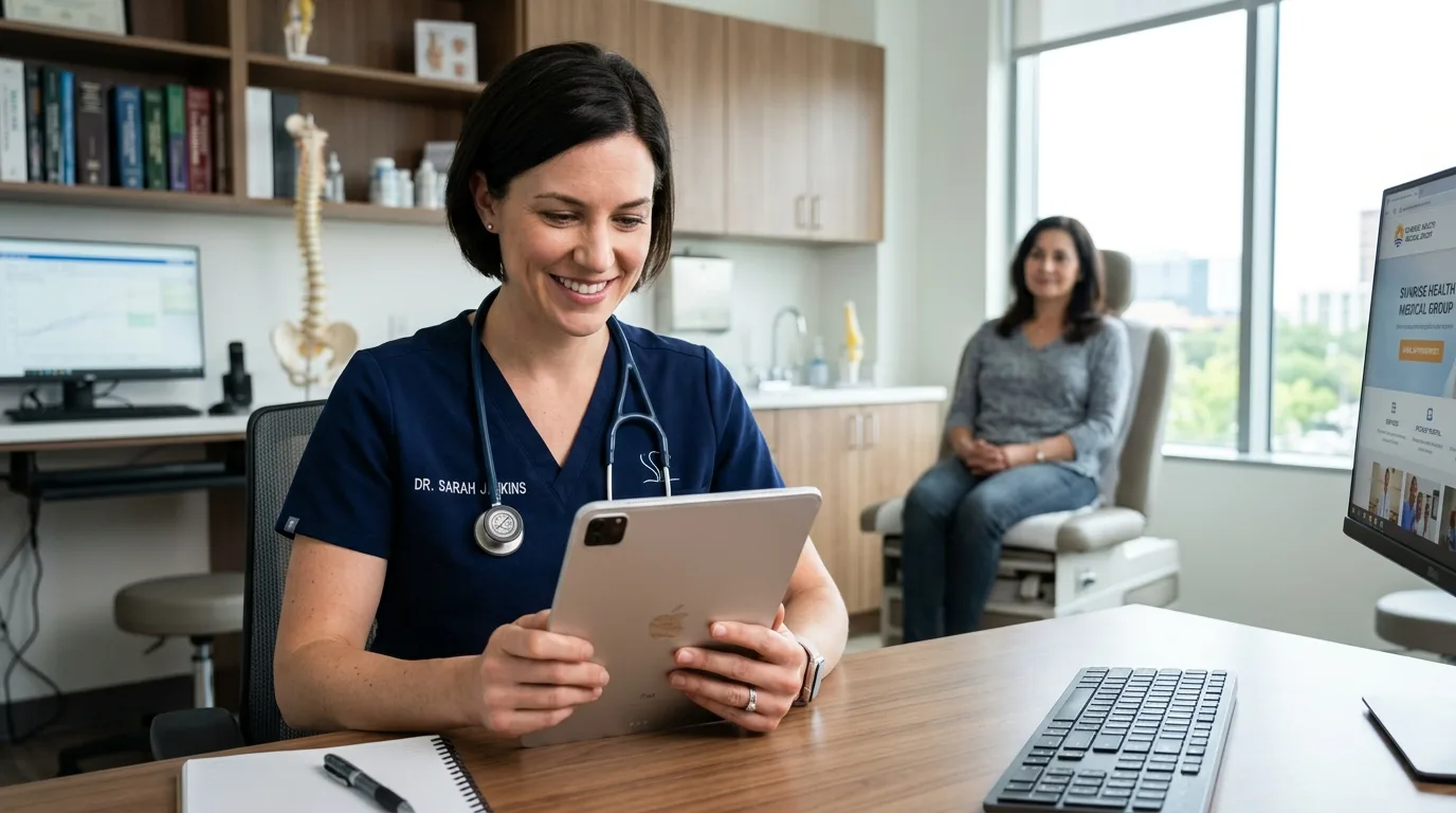 Diseño Web para Consultorios Médicos Médico profesional revisando el diseño de su sitio web en una tablet en su consultorio moderno.