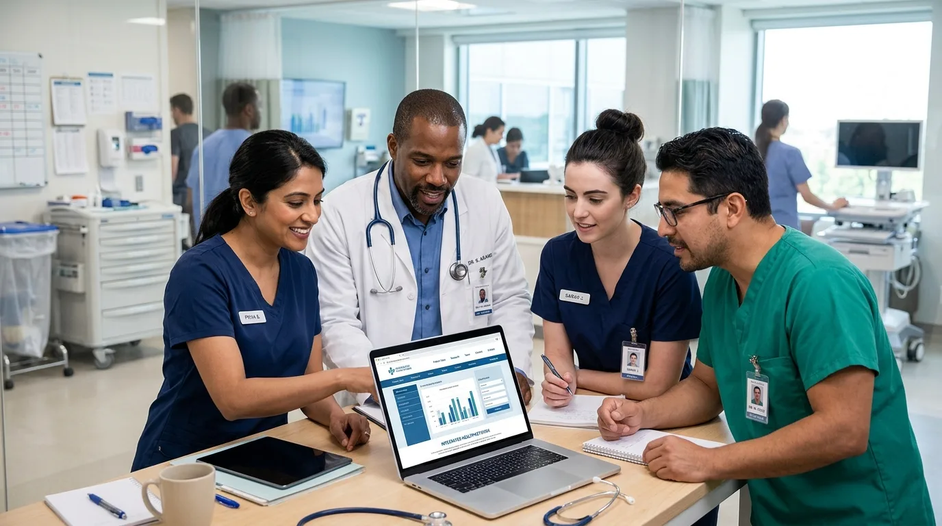 Creación Web Funcional para Clínicas Equipo médico discutiendo el diseño de una página web en un ordenador, enfocándose en la experiencia del paciente.