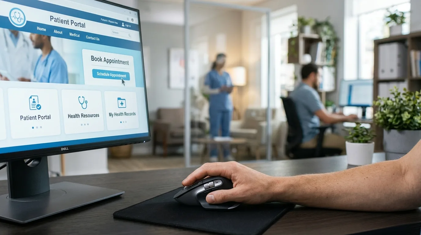 Experiencia de Usuario en Sitios Médicos Mano navegando un sitio web médico limpio y profesional en un monitor de computadora.
