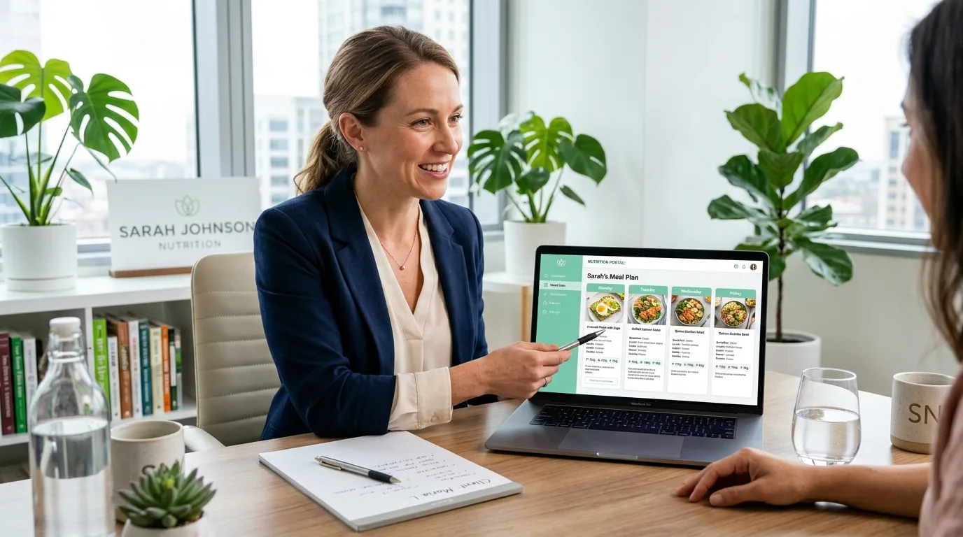 Diseño Web para Nutriólogos: Consulta y Planificación Online Nutrióloga mostrando diseño web personalizado a un paciente en su consultorio