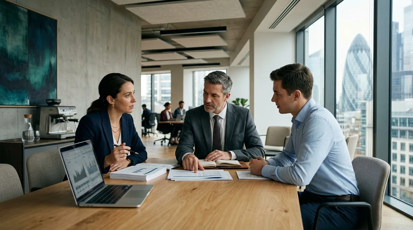 Colaboración y Crecimiento para PYMES en México Grupo de pequeños empresarios colaborando y discutiendo ideas frente a una pantalla grande con gráficos de datos y un mapa de México, simbolizando el crecimiento digital.