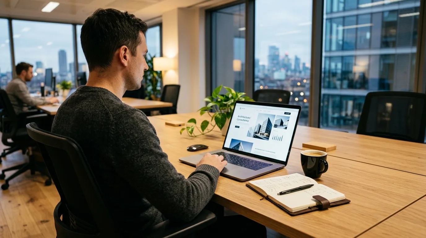 Diseño Web Estratégico para Profesionistas Profesional trabajando en laptop, revisando diseño web optimizado.
