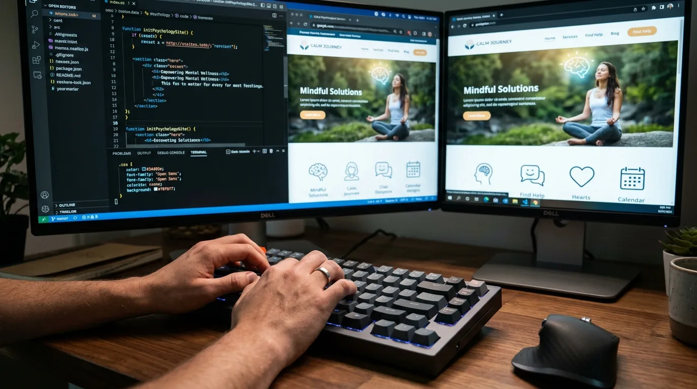 Proceso de Creación de Sitios Web para Terapeutas Manos trabajando en el desarrollo de un sitio web para un consultorio psicológico.