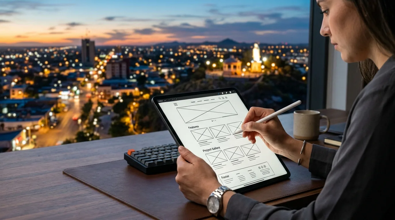 Creando su presencia digital en Los Mochis Diseñador web esbozando un sitio para una empresa de diseño web Los Mochis, con la ciudad de fondo.