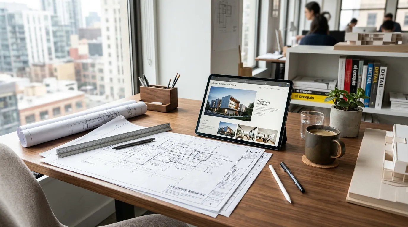 Página web profesional para arquitectos Escritorio de arquitecto moderno con planos y tablet mostrando diseño web